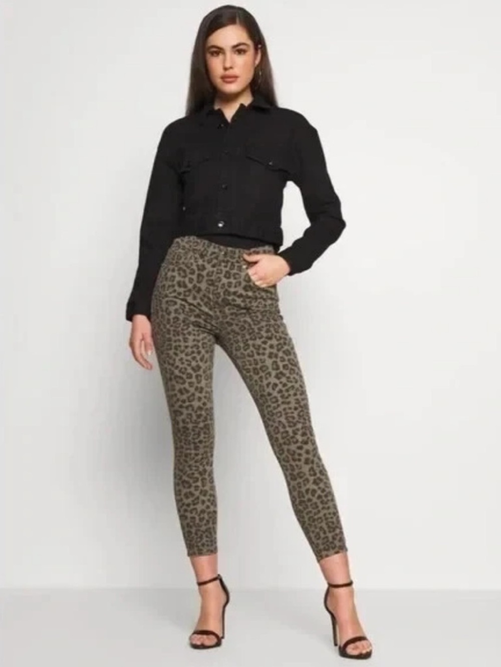 Good American | Women’s Olive Green/Black Leopard Print Good Waist Crop Jeans 28 - Picture 2 of 16